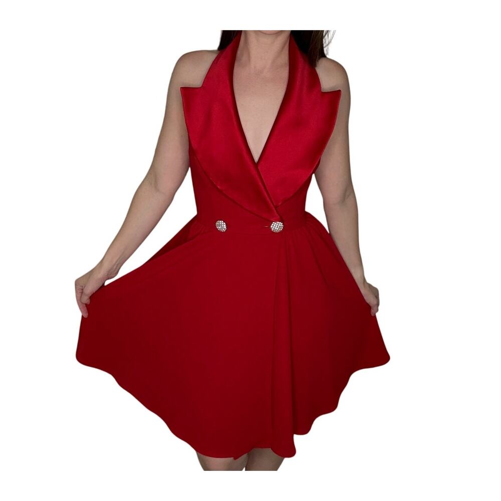 Vtg 80s/90s Huey Waltzer Red Satin Halter Cocktail Mini Dress US 2 Holiday Xmas